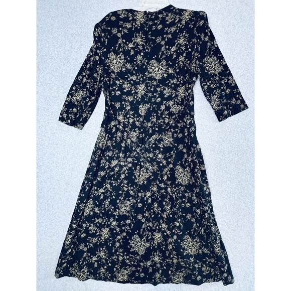 Vintage Peri Petites Black & Gold Floral Dress - Buttons - Size 14 - Retro Soft - Picture 4 of 11